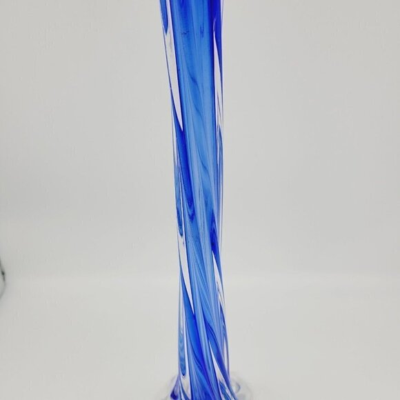 Vintage Cobalt Blue Encased Twisted Blue Art Glass Vase Elephant Foot Base 11.5" - Picture 6 of 7